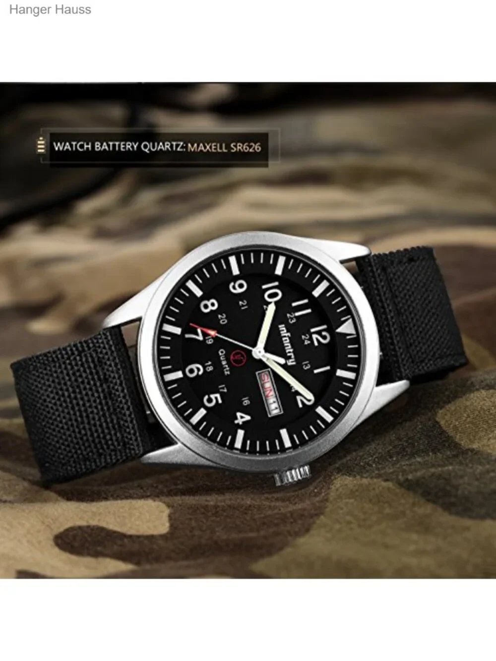 Mens Military Field Watch 12/24H Day Date 5ATM Waterproof Nylon Band Analog